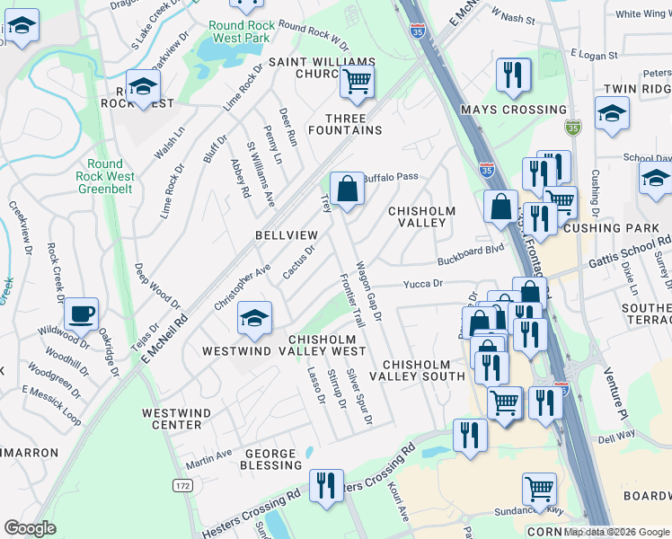 map of restaurants, bars, coffee shops, grocery stores, and more near 1606 Frontier Trail in Round Rock