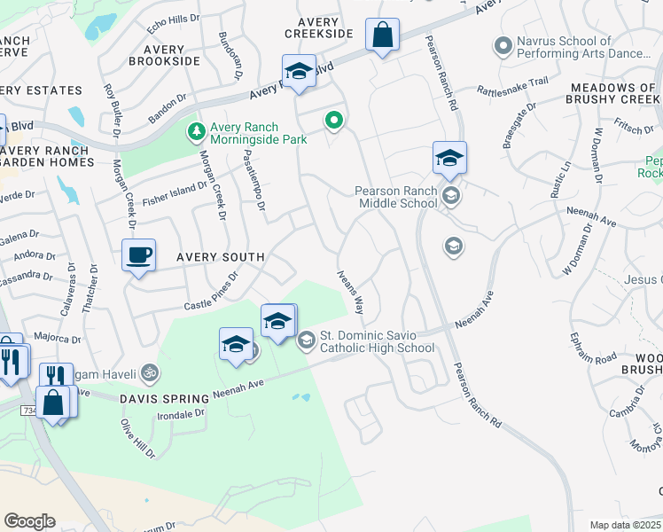 map of restaurants, bars, coffee shops, grocery stores, and more near 15108 Iveans Way in Austin