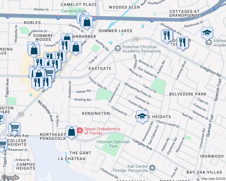 map of restaurants, bars, coffee shops, grocery stores, and more near 3570 Forest Glen Drive in Pensacola