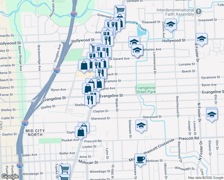 map of restaurants, bars, coffee shops, grocery stores, and more near 3638 Byron Avenue in Baton Rouge