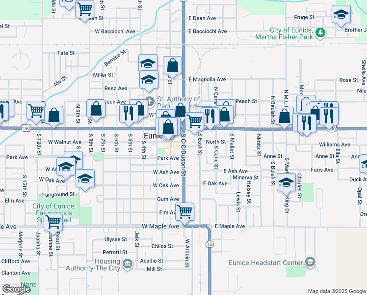 map of restaurants, bars, coffee shops, grocery stores, and more near S C C Duson St & North St in Eunice