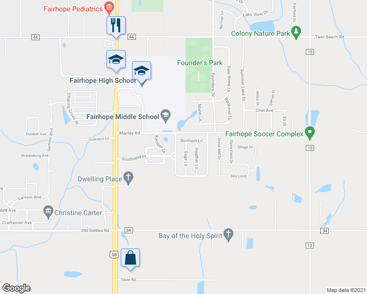 map of restaurants, bars, coffee shops, grocery stores, and more near 131 Sage Lane in Fairhope