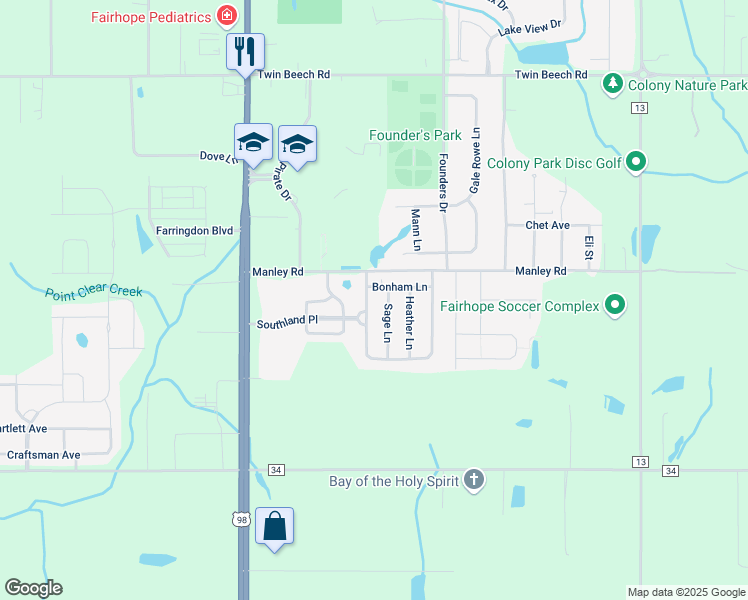 map of restaurants, bars, coffee shops, grocery stores, and more near 131 Sage Lane in Fairhope