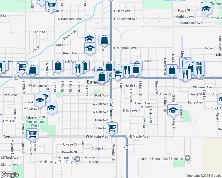 map of restaurants, bars, coffee shops, grocery stores, and more near S C C Duson St & North St in Eunice