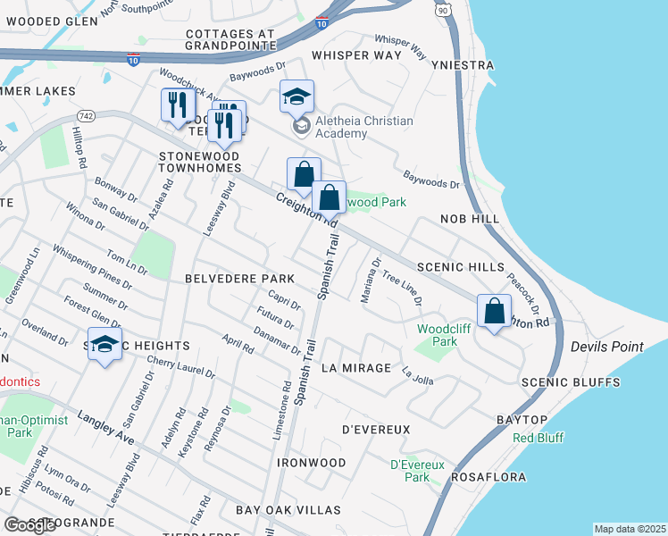 map of restaurants, bars, coffee shops, grocery stores, and more near 6900 Spanish Trail in Pensacola