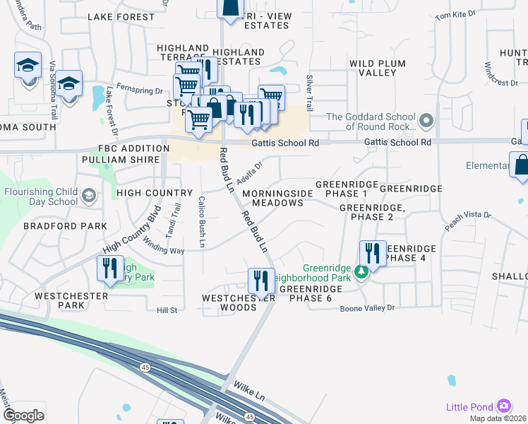 map of restaurants, bars, coffee shops, grocery stores, and more near 3604 Winding Way in Round Rock