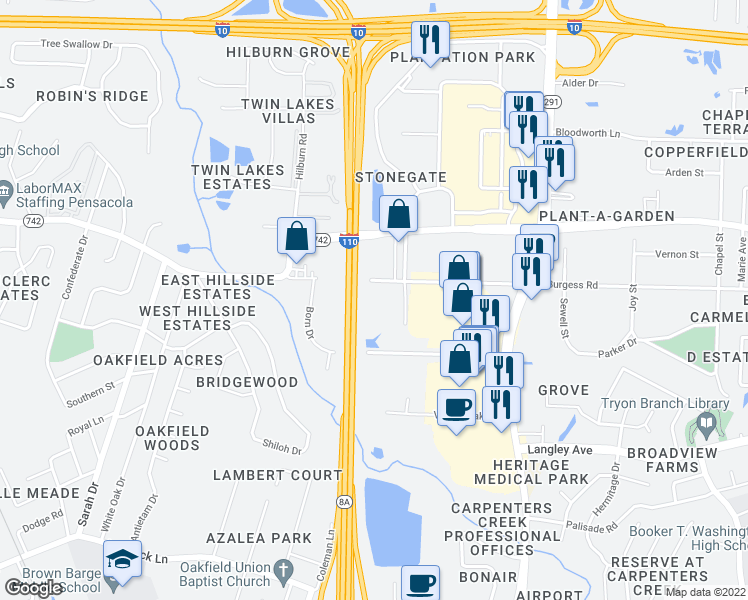 map of restaurants, bars, coffee shops, grocery stores, and more near 511 East Burgess Road in Pensacola