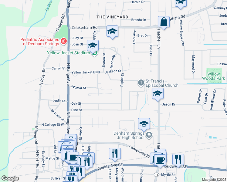 map of restaurants, bars, coffee shops, grocery stores, and more near 337 Janmar Street in Denham Springs