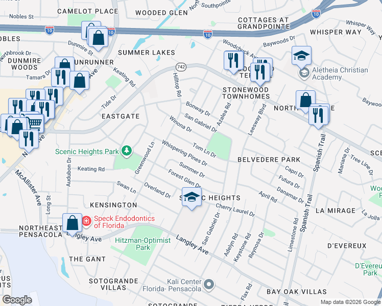 map of restaurants, bars, coffee shops, grocery stores, and more near 3875 Tom Lane Drive in Pensacola