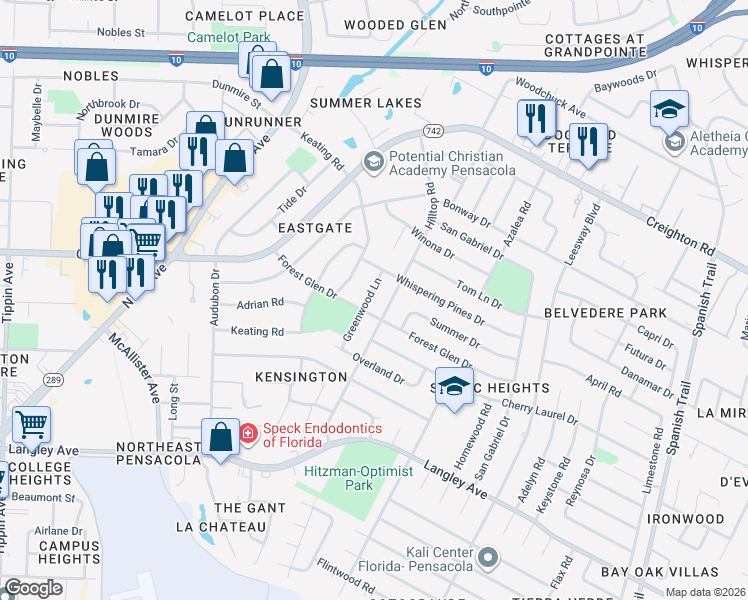 map of restaurants, bars, coffee shops, grocery stores, and more near 3570 Forest Glen Drive in Pensacola