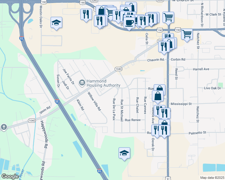 map of restaurants, bars, coffee shops, grocery stores, and more near 730 Rue De La Paix in Hammond