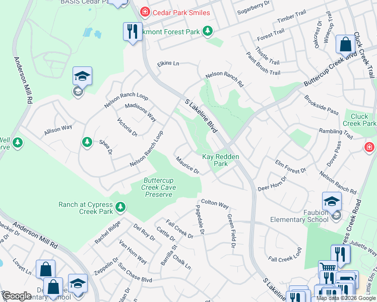 map of restaurants, bars, coffee shops, grocery stores, and more near 1700 Buttercup Creek Blvd in Cedar Park