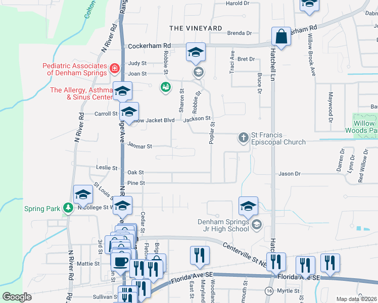 map of restaurants, bars, coffee shops, grocery stores, and more near 322 Janmar Street in Denham Springs
