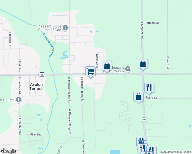 map of restaurants, bars, coffee shops, grocery stores, and more near 18138 Old Covington Highway in Hammond