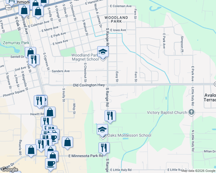 map of restaurants, bars, coffee shops, grocery stores, and more near 1304 South Range Road in Hammond
