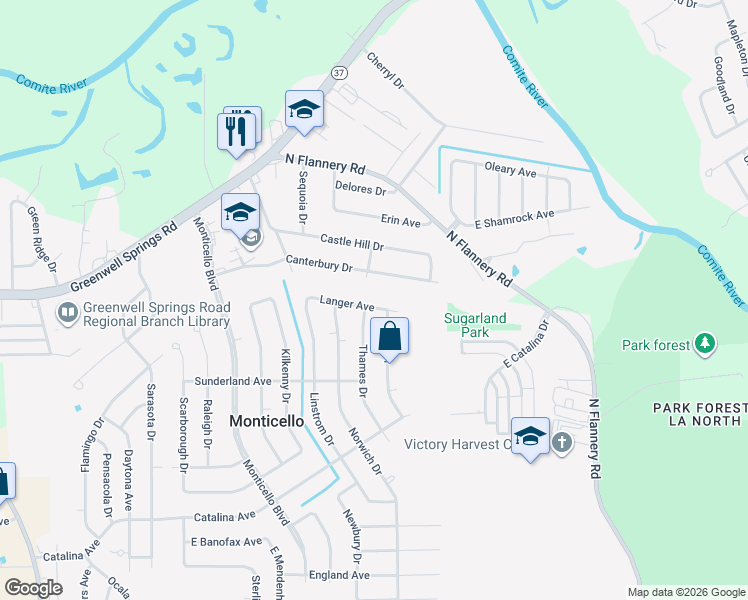 map of restaurants, bars, coffee shops, grocery stores, and more near 12631 Langer Avenue in Baton Rouge