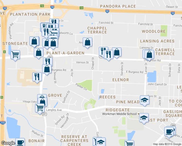 map of restaurants, bars, coffee shops, grocery stores, and more near 1139 East Burgess Road in Pensacola