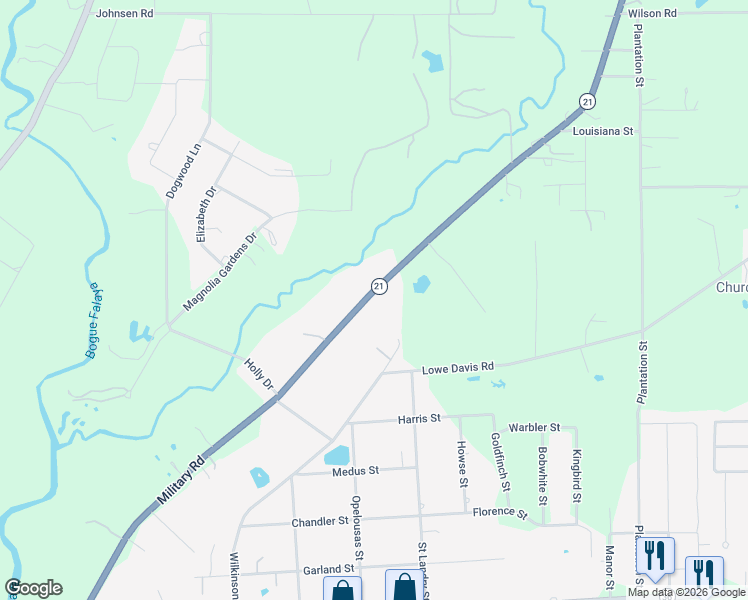 map of restaurants, bars, coffee shops, grocery stores, and more near 73192 Military Road in Covington