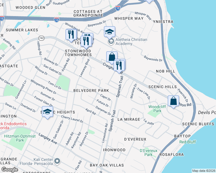 map of restaurants, bars, coffee shops, grocery stores, and more near 4151 Ciudad Drive in Pensacola