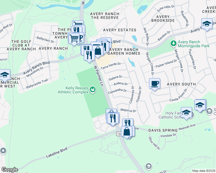 map of restaurants, bars, coffee shops, grocery stores, and more near 14930 Galena Drive in Austin