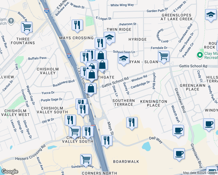 map of restaurants, bars, coffee shops, grocery stores, and more near 201 Gattis School Road in Round Rock