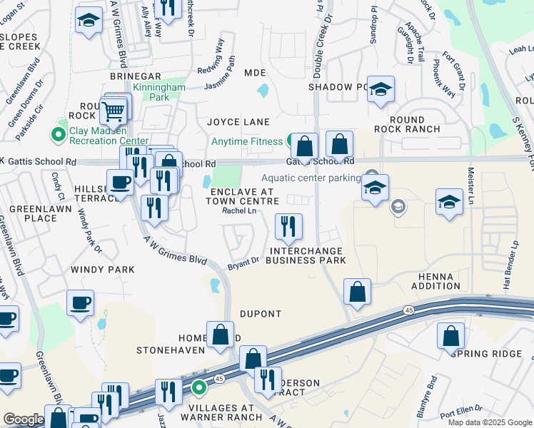 map of restaurants, bars, coffee shops, grocery stores, and more near 2109 Rachel Lane in Round Rock