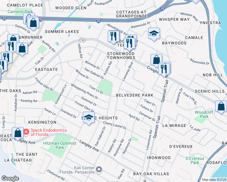 map of restaurants, bars, coffee shops, grocery stores, and more near 5920 San Gabriel Drive in Pensacola