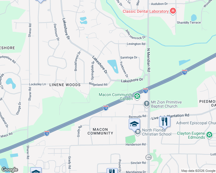map of restaurants, bars, coffee shops, grocery stores, and more near 105 Ridgeland Road in Tallahassee