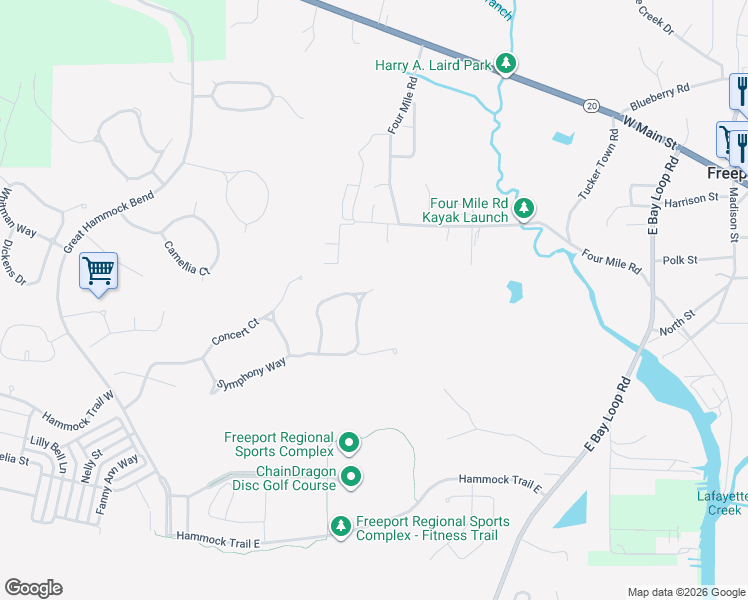 map of restaurants, bars, coffee shops, grocery stores, and more near 884 Symphony Way in Freeport
