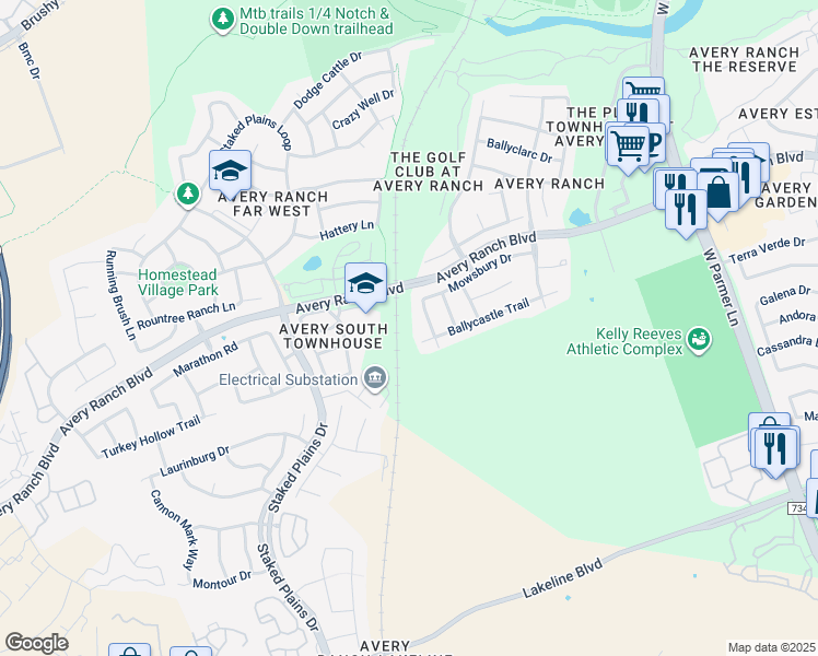 map of restaurants, bars, coffee shops, grocery stores, and more near 14101 Ballycastle Trail in Austin