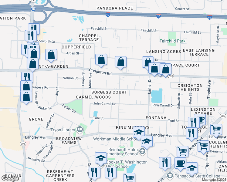 map of restaurants, bars, coffee shops, grocery stores, and more near 1445 East Burgess Road in Pensacola