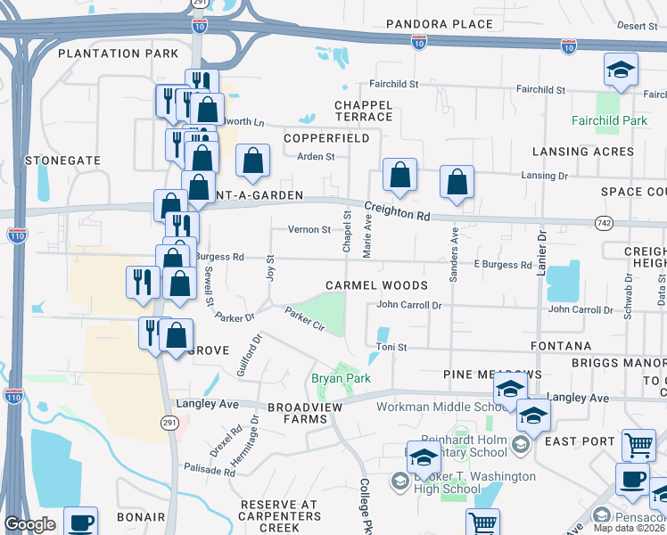 map of restaurants, bars, coffee shops, grocery stores, and more near 1139 East Burgess Road in Pensacola