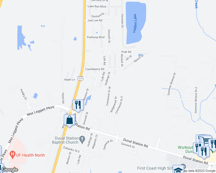 map of restaurants, bars, coffee shops, grocery stores, and more near 14140 Crestwick Drive West in Jacksonville