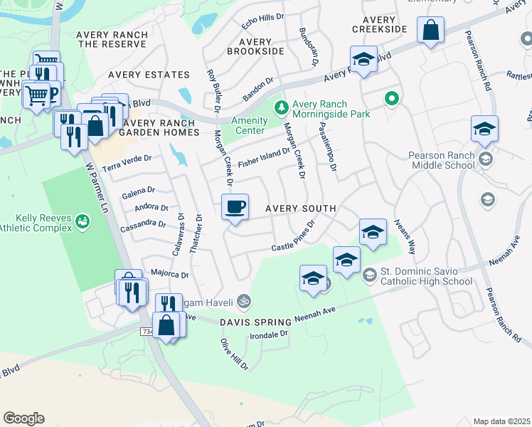 map of restaurants, bars, coffee shops, grocery stores, and more near 15621 Belfin Dr in Austin
