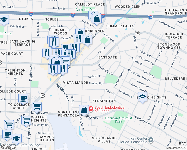 map of restaurants, bars, coffee shops, grocery stores, and more near 3260 Adrian Road in Pensacola