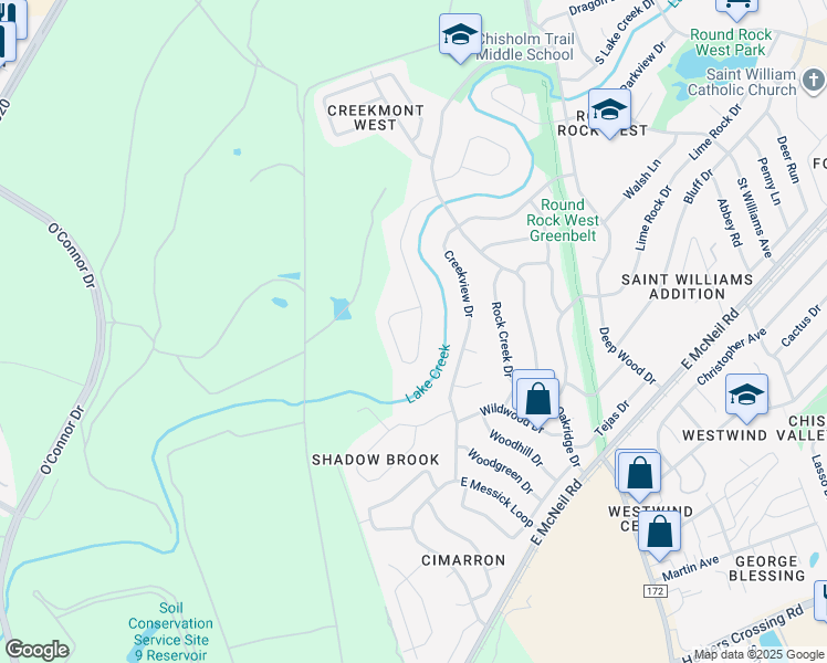 map of restaurants, bars, coffee shops, grocery stores, and more near 1704 West Creek Loop in Round Rock