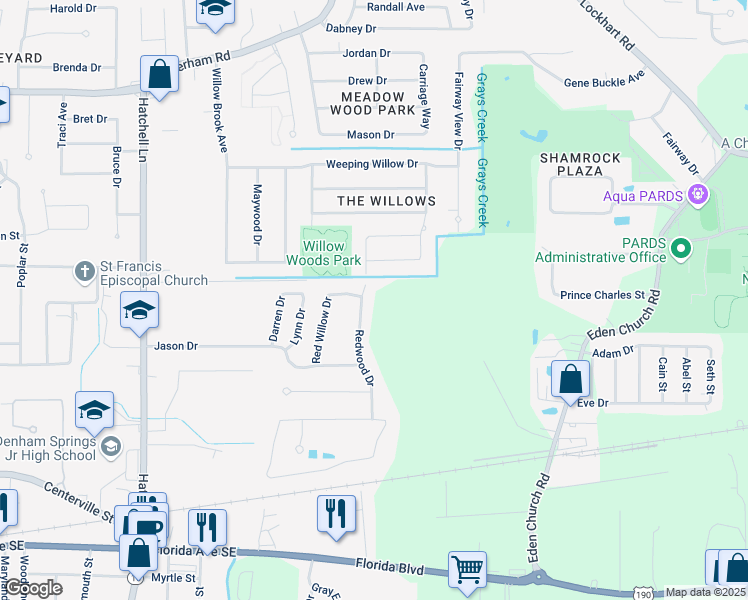 map of restaurants, bars, coffee shops, grocery stores, and more near 29276 Redwood Drive in Denham Springs