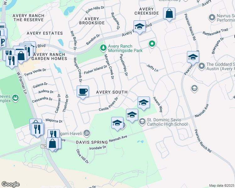 map of restaurants, bars, coffee shops, grocery stores, and more near 9432 Castle Pines Drive in Austin