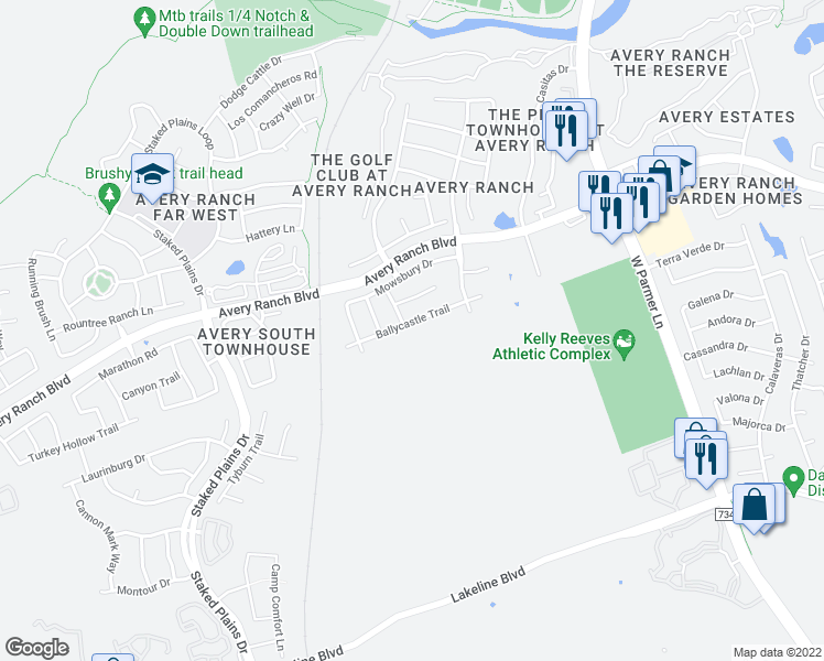 map of restaurants, bars, coffee shops, grocery stores, and more near 14405 Ballycastle Trail in Austin