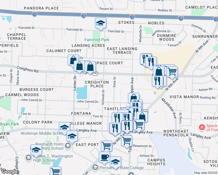 map of restaurants, bars, coffee shops, grocery stores, and more near 6799 Data Street in Pensacola