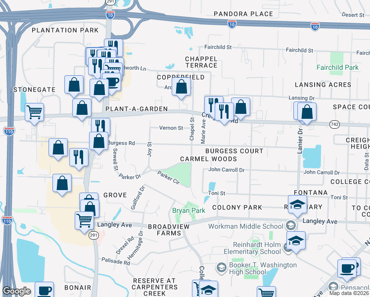 map of restaurants, bars, coffee shops, grocery stores, and more near 1139 East Burgess Road in Pensacola