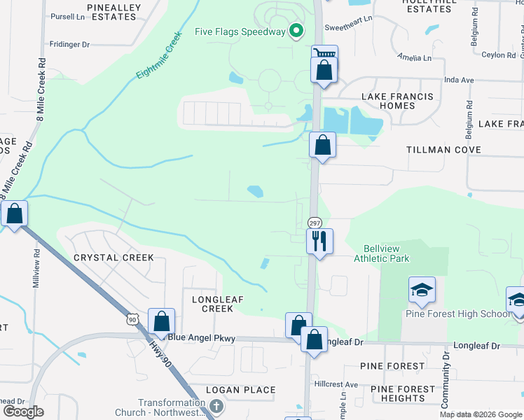 map of restaurants, bars, coffee shops, grocery stores, and more near 2841 Mandeville Lane in Pensacola