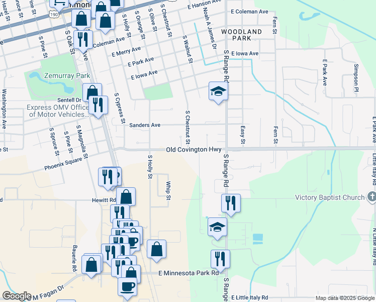 map of restaurants, bars, coffee shops, grocery stores, and more near 610 Old Covington Highway in Hammond