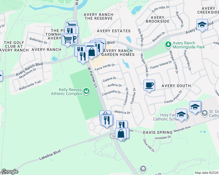 map of restaurants, bars, coffee shops, grocery stores, and more near 10200 Cassandra Drive in Austin