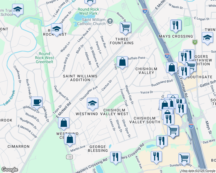 map of restaurants, bars, coffee shops, grocery stores, and more near 819 Cactus Drive in Round Rock