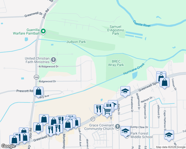 map of restaurants, bars, coffee shops, grocery stores, and more near 4654 Elmwood Drive in Baton Rouge