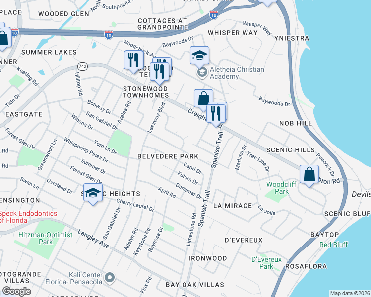 map of restaurants, bars, coffee shops, grocery stores, and more near 4200 Bonway Drive in Pensacola