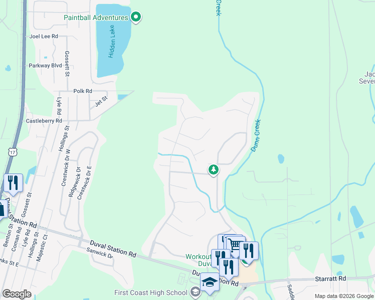 map of restaurants, bars, coffee shops, grocery stores, and more near 558 Amber Creek Drive in Jacksonville