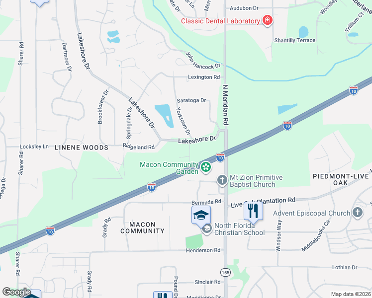 map of restaurants, bars, coffee shops, grocery stores, and more near 211 Lakeshore Drive in Tallahassee