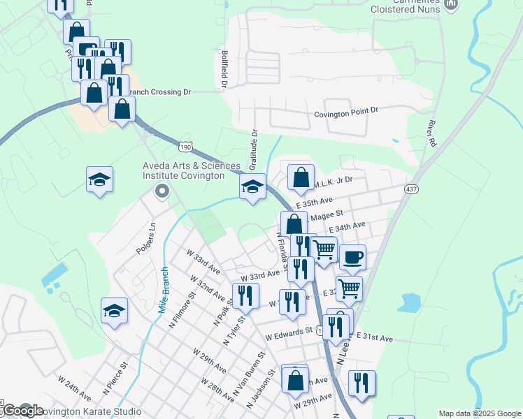 map of restaurants, bars, coffee shops, grocery stores, and more near 1615 North Florida Street in Covington